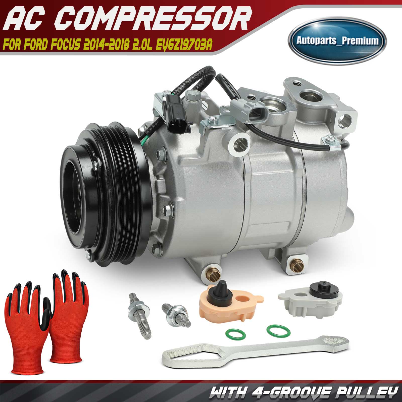 A/C AC Compressor with 4-Groove Pulley for Ford Focus 2014-2018